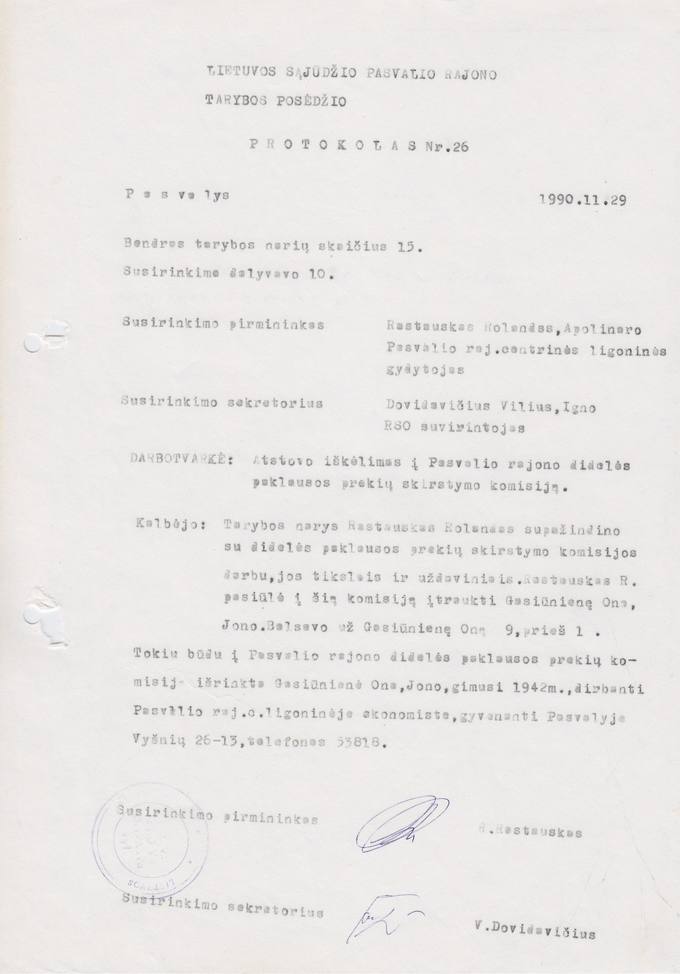 Lietuvos Sąjūdžio Pasvalio rajono tarybos 1990 m. lapkričio 20 d. posėdžio PROTOKOLAS Nr. 26